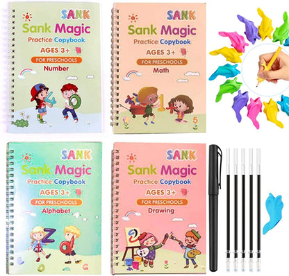 Sank Magic Practice Coyp Books (4 Magic Reusable Notebooks + Pen + 10 Refills + Pen Grip) - A Best Gift for Children to Improve writing Skills